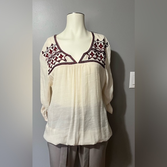 Reitmans Tops - Reitmans Cream Tunic with Red & Black Embroidered Yoke
